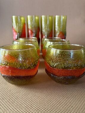 Vintage Set of Textured Green and Orange Drip Lava Glassware Barware Mod 60s 70s